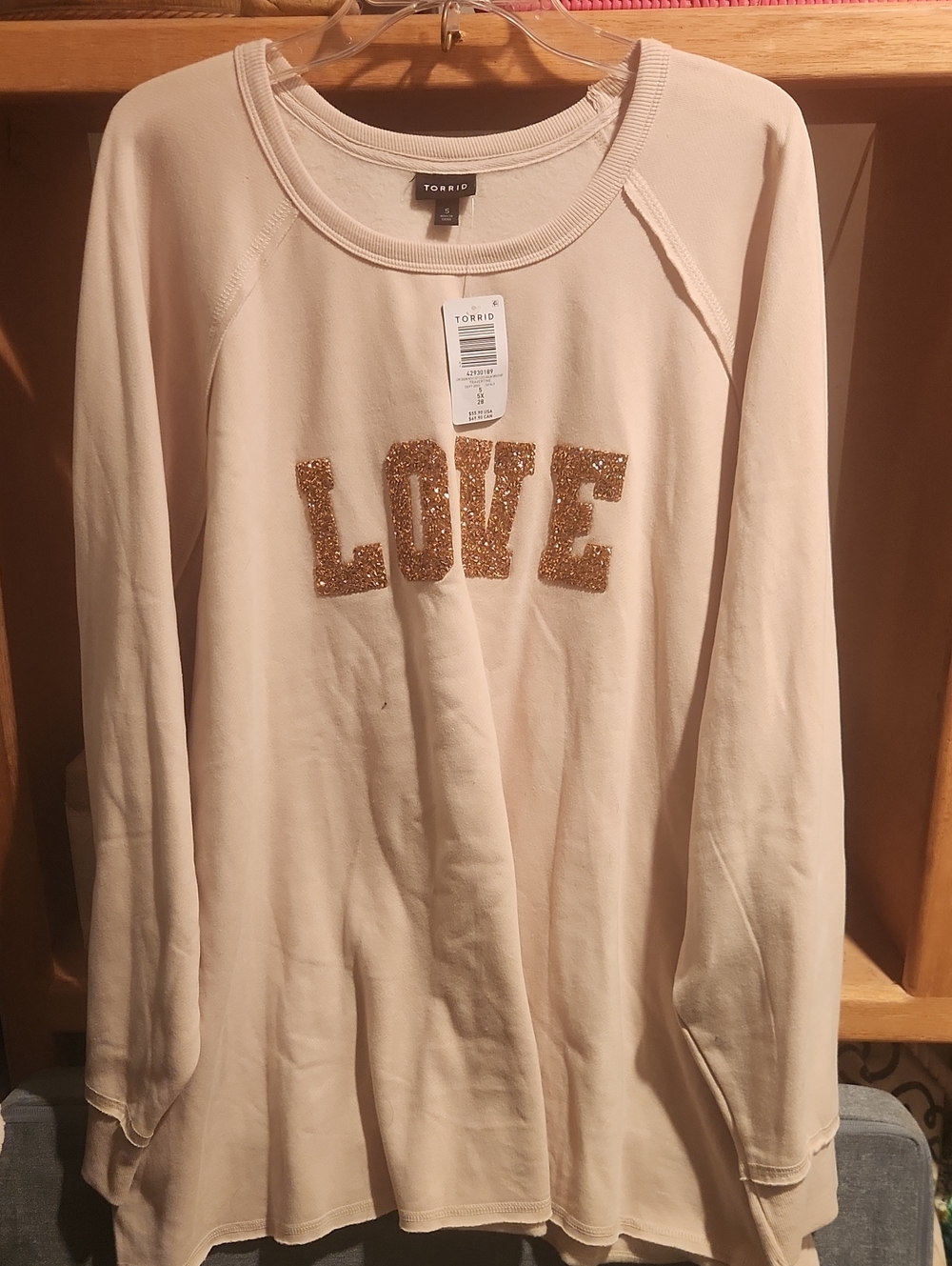 torrid cream/beige sweatshirt with gold glitter LOVE lettering